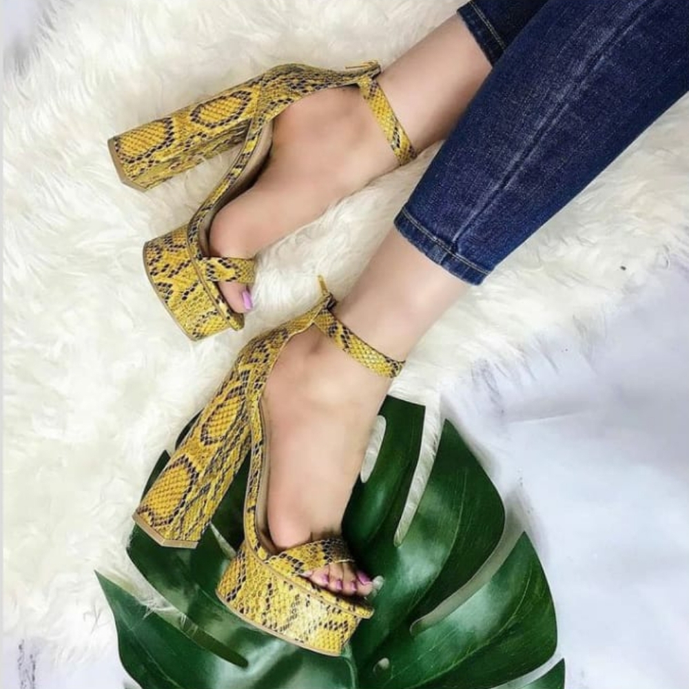 Yellow Snake Skin Open Toe Sky High Chunky Heel Platform Sandals
